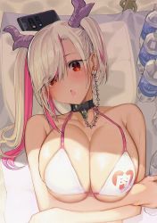 Rule 34 | 1girl, bikini, black choker, bottle, breasts, choker, collarbone, commentary request, eyes visible through hair, hair over one eye, horns, large breasts, long hair, looking at viewer, lying, multicolored hair, on back, open mouth, pink hair, r project, red eyes, satou daiji, side ponytail, solo, swimsuit, tsuzura amo, two-tone hair, upper body, virtual youtuber, water bottle, white bikini, white hair