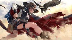 Rule 34 | 1girl, bird, breasts, cape, cowboy hat, eagle, earrings, eloiti (iron saga), falling feathers, feathers, grey hair, gun, handgun, hat, holding, holding gun, holding weapon, holding whip, holster, iron saga, jewelry, large breasts, medium breasts, official art, outdoors, revolver, short hair, smirk, torn cape, torn clothes, weapon