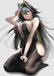 Rule 34 | 1girl, bare shoulders, between breasts, black dress, black hair, blonde hair, blue eyes, blush, breasts, choker, cleavage, crossed bangs, dark-skinned female, dark skin, dehya (genshin impact), dress, fang, furrowed brow, genshin impact, hair between eyes, hair ears, hair intakes, hand up, head tilt, highres, hip vent, large breasts, long hair, looking at viewer, mait, multicolored hair, nail polish, o-ring, o-ring choker, open mouth, paw pose, red nails, seiza, sitting, solo, streaked hair, two-tone hair, very long hair