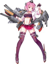 Rule 34 | 1girl, azur lane, black gloves, breasts, cleavage, closed mouth, collarbone, cropped jacket, full body, gloves, grey footwear, hair ornament, jacket, machinery, medium breasts, midriff, miniskirt, navel, official art, ok sign, open clothes, open jacket, orange eyes, pensacola (azur lane), pink hair, pleated skirt, purple thighhighs, red skirt, shoes, short hair, skirt, smile, solo, stomach, suspender skirt, suspenders, thighhighs, transparent background, turret, underboob, white jacket, zettai ryouiki, zi se