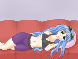 Rule 34 | belt, blue hair, breasts, couch, duel monster, goggles, green eyes, long hair, navel, red upholstery, shorts, shyneet magician, skin tight, tagme, tank top, underboob, yu-gi-oh!