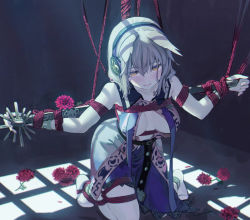 Rule 34 | 1girl, arms behind back, bdsm, bondage, bound, bound arms, bound legs, bound wrists, box tie, breast bondage, breasts, flower, looking at viewer, red flower, red rope, red rose, restrained, rope, rose, shibari, shibari over clothes, spreader bar, suspension, sword, syuri22, touhou, toyosatomimi no miko, weapon, yellow eyes