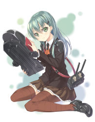 Rule 34 | 10s, 1girl, aqua hair, hair ornament, hairclip, highres, kantai collection, long hair, looking at viewer, personification, school uniform, skirt, smile, solo, suzuya (kancolle), thighhighs, totika