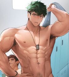 Rule 34 | 2boys, abs, armpit hair, armpit peek, bara, completely nude, eloseu (haribochase), from below, green hair, highres, holding, holding towel, large pectorals, lip piercing, locker, locker room, looking at viewer, male focus, male pubic hair, multiple boys, muscular, muscular male, navel, navel piercing, nipples, nude, original, pectorals, piercing, pubic hair, short hair, sideburns, solo focus, stomach, thick eyebrows, towel, undercut, v-taper
