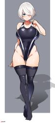 Rule 34 | 1girl, 2b (nier:automata), absurdres, aiuti, alternate costume, bare shoulders, black one-piece swimsuit, blush, breasts, closed mouth, competition swimsuit, covered navel, full body, gluteal fold, grey background, groin, hair over one eye, highleg, highleg swimsuit, highres, large breasts, looking at viewer, nier:automata, nier (series), no blindfold, one-piece swimsuit, shiny clothes, short hair, simple background, skindentation, smile, solo, standing, swimsuit, thigh gap, thighhighs, thighs, white hair