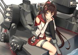 Rule 34 | 1girl, bare shoulders, blush, breasts, brown eyes, brown hair, cannon, cherry blossoms, commentary, detached sleeves, dock, flower, hair flower, hair ornament, hands on own knee, head rest, headgear, highres, hip vent, kantai collection, knee up, large breasts, long hair, looking at viewer, machinery, miniskirt, oil-paper umbrella, open mouth, pallad, ponytail, rigging, single thighhigh, sitting, skirt, smile, solo, tassel, thighhighs, turret, umbrella, very long hair, yamato (kancolle)
