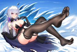 Rule 34 | 1girl, ass, azur lane, black gloves, black panties, black thighhighs, blush, breasts, cleavage, commentary request, dress, elbow gloves, feet, full body, gloves, hair ornament, hair ribbon, highres, illustrious (azur lane), large breasts, long hair, midriff, mole, mole under eye, nekoda (maoda), panties, purple eyes, purple ribbon, ribbon, sidelocks, sitting, skindentation, soles, solo, thighhighs, thighs, toes, torn clothes, torn dress, underwear, white hair