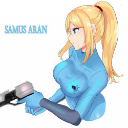 Rule 34 | &gt;:(, 1girl, bad id, bad pixiv id, blonde hair, blue bodysuit, blue eyes, bodysuit, breasts, character name, closed mouth, cropped torso, emblem, female focus, finger on trigger, from side, frown, gloves, gun, hair between eyes, hair tie, handgun, high ponytail, holding, holding gun, holding weapon, large breasts, long hair, metroid, metroid: zero mission, mole, mole under mouth, neck, nintendo, own hands together, ponytail, profile, ru (16857772), samus aran, serious, sidelocks, simple background, skin tight, solo, straight hair, turtleneck, upper body, v-shaped eyebrows, weapon, white background, zero suit