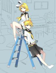 Rule 34 | 1boy, 1girl, ahoge, bad id, bad pixiv id, belt, black shorts, blonde hair, blue eyes, book, brother and sister, detached sleeves, expressionless, full body, hair ornament, hair ribbon, hairclip, highres, indoors, instrument, kagamine len, kagamine rin, ladder, leaning on object, navel, piano, ribbon, room, sailor collar, short hair, shorts, siblings, sitting, socks, twins, unfinished, vocaloid, window, yurumawari