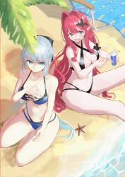 Rule 34 | 2girls, applying sunscreen, armband, baobhan sith (fate), bare shoulders, beach, beach chair, bikini, black bikini, blue bikini, blue eyes, blue nails, blush, bow, bracelet, breasts, cleavage, day, embarrassed, fangs, fate/grand order, fate (series), from above, grey eyes, hair bow, hair ornament, hand on own chest, hand on own thigh, highres, holding, jewelry, kei201107, long hair, lotion, medium breasts, morgan le fay (fate), multiple girls, nail polish, navel, ocean, on floor, open mouth, outdoors, palm tree, pink hair, pointy ears, red nails, sand, seiza, shadow, sidelocks, sitting, starfish, sunscreen, sweatdrop, swimsuit, thighs, tree, white hair