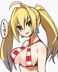 Rule 34 | 10s, 1girl, ahoge, bikini, blush, breasts, cleavage, criss-cross halter, earrings, fate/extra, fate/grand order, fate (series), green eyes, hair intakes, halterneck, jewelry, large breasts, mzh, nero claudius (fate), nero claudius (fate) (all), nero claudius (swimsuit caster) (fate), solo, striped bikini, striped bikini top, striped clothes, swimsuit, twintails