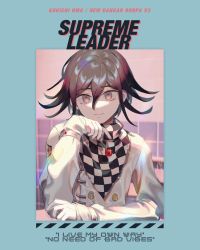 Rule 34 | 1boy, absurdres, buttons, candy, character name, checkered clothes, checkered neckwear, checkered scarf, commentary, copyright name, danganronpa (series), danganronpa v3: killing harmony, double-breasted, english text, food, gloves, grey jacket, hair between eyes, highres, holding, holding candy, holding food, holding lollipop, jacket, lemontea, lollipop, long sleeves, looking at viewer, medium hair, oma kokichi, scarf, smile, solo, straitjacket, upper body, white gloves, white jacket