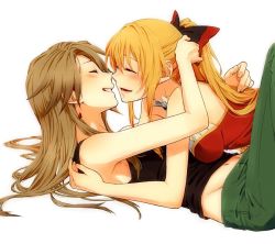Rule 34 | 2girls, alternate costume, bare arms, bare shoulders, black bow, black tank top, blonde hair, blush, bow, breast press, breasts, brown hair, casual, closed eyes, couple, earrings, face-to-face, facing another, female focus, from side, girl on top, granblue fantasy, green pants, grin, hair bow, happy, hug, imminent kiss, jewelry, katalina (granblue fantasy), knee up, long hair, lying, medium breasts, midriff, miso-ha (ukyuu), multicolored bow, multiple girls, navel, neck, on back, open mouth, pants, ponytail, simple background, smile, tank top, teeth, vira (granblue fantasy), white background, yuri