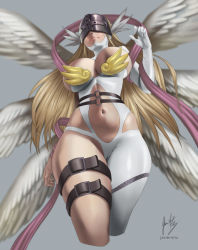 Rule 34 | 1girl, angel, angel wings, angewomon, arm at side, armor, artist name, asymmetrical clothes, blonde hair, breastplate, breasts, cameltoe, closed mouth, clothing cutout, covered eyes, cropped legs, digimon, digimon (creature), digimon adventure, fingernails, groin, hand up, head wings, helmet, javier martinez correa, large breasts, legs together, long fingernails, long hair, multiple wings, navel, navel cutout, nose, revealing clothes, seraph, signature, smile, solo, standing, stomach, thigh strap, thighs, visor, wings