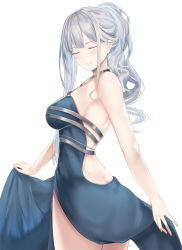 Rule 34 | 1girl, ak-12 (girls&#039; frontline), ak-12 (quiet azure) (girls&#039; frontline), alternate hairstyle, back, backless dress, backless outfit, blue dress, blush, breasts, butt crack, closed eyes, closed mouth, cowboy shot, curly hair, dress, earrings, facing viewer, girls&#039; frontline, halter dress, halterneck, highres, holding, jewelry, long hair, medium breasts, official alternate costume, ponytail, ru zhai, sidelocks, silver hair, simple background, skirt hold, smile, solo, twisted torso, wavy hair, white background