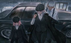 Rule 34 | 3girls, arm out of sleeve, black gloves, blue eyes, briefcase, butler, car, cigarette, closed eyes, coat, commentary request, dark-skinned female, dark skin, eyes visible through hair, female butler, formal, gloves, grey hair, guard rail, hair ornament, hairclip, hat, height difference, jun (5455454541), long coat, long hair, looking at another, motor vehicle, multiple girls, original, pant suit, pants, pink eyes, pink hair, puddle, reflection, shirt, smoking, suit, suspenders, vest, wet pavement, white hair, white shirt