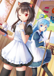 Rule 34 | 10s, 2girls, :3, :o, ;), alternate costume, apron, aqua (konosuba), bat wings, black dress, black legwear, blue dress, blue eyes, blue hair, blue ribbon, broom, brown hair, cake, cherry blossoms, chomusuke, closed mouth, commentary request, cross, cup, day, dress, enmaided, fang, finger to mouth, food, frilled dress, frills, fruit, hair rings, highres, holding, holding broom, holding tray, indoors, ji dao ji, juliet sleeves, kono subarashii sekai ni shukufuku wo!, latin cross, long hair, long sleeves, looking at another, looking at viewer, looking to the side, maid, megumin, multiple girls, neck ribbon, one eye closed, pantyhose, poster (object), puffy short sleeves, puffy sleeves, red eyes, ribbon, short hair with long locks, short sleeves, skindentation, smile, standing, standing on one leg, strawberry, sunlight, teacup, teapot, thighhighs, tray, white apron, window, wings, wooden wall, wrist cuffs, yellow eyes