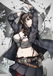 Rule 34 | 1girl, absurdres, alternate costume, arms up, belt, belt pouch, black gloves, blue eyes, blue jacket, bow, breasts, brown hair, cable, cleavage, covered erect nipples, crop top, dated, double exposure, drill hair, drill sidelocks, fingerless gloves, girls&#039; frontline, gloves, grin, hair bow, highres, hip focus, holding, holding microphone, howa type 64 (girls&#039; frontline), jacket, large breasts, long hair, looking to the side, microphone, navel, open clothes, open jacket, pixiv id 12457925, plaid, plaid jacket, pouch, shirt, sidelocks, smile, solo, strap, unmoving pattern, white bow, white shirt