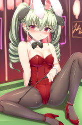 Rule 34 | 10s, 1girl, alternate costume, anchovy (girls und panzer), animal ears, blush, bow, bowtie, breasts, cleavage, collarbone, detached collar, drill hair, fake animal ears, girls und panzer, green hair, hairband, high heels, homewrecker, leotard, long hair, looking at viewer, medium breasts, pantyhose, playboy bunny, pool table, rabbit ears, red eyes, red leotard, riding crop, sitting, solo, table, twin drills, twintails, wrist cuffs
