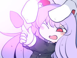 Rule 34 | 1girl, animal ears, black jacket, blazer, blush stickers, bullet, chahan (fried rice0614), gradient background, jacket, light purple hair, long hair, long sleeves, one-hour drawing challenge, one eye closed, open mouth, rabbit ears, red eyes, reisen udongein inaba, solo, touhou, upper body