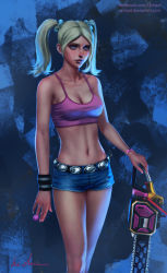 Rule 34 | 1girl, arm at side, bare arms, bare legs, bare shoulders, belt, blonde hair, blue eyes, blue shorts, breasts, candy, chainsaw, cleavage, closed mouth, collarbone, cowboy shot, crop top, denim, denim shorts, deviantart username, expressionless, facebook username, female focus, food, gohpot, hair ornament, hair scrunchie, highres, juliet starling, legs, legs together, lips, lollipop, lollipop chainsaw, medium breasts, midriff, nail polish, navel, neck, nose, pink nails, pink shirt, realistic, scrunchie, shirt, short hair, short shorts, shorts, solo, spaghetti strap, standing, stomach, tank top, taut clothes, taut shirt, twintails, watch, watermark, web address, wristband, wristwatch