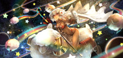 Rule 34 | 1girl, altera (fate), altera the santa (fate), bikini, blonde hair, boots, breasts, candy, candy cane, cloak, commentary request, dark-skinned female, dark skin, earmuffs, fate/grand order, fate (series), flying, food, fur trim, headband, holding, holding staff, kito (kito2), mittens, navel, night, night sky, rainbow, red eyes, riding, sheep, short hair, sky, small breasts, staff, star (sky), star (symbol), swimsuit, veil, white mittens