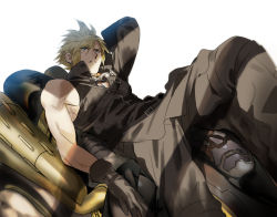 Rule 34 | 1boy, arm behind head, black gloves, black pants, black shirt, blonde hair, blue eyes, cloud strife, feet out of frame, final fantasy, final fantasy vii, final fantasy vii advent children, gloves, goggles, goggles around neck, hair between eyes, high collar, male focus, mikuroron, muscular, muscular male, on motorcycle, open collar, pants, parted lips, shirt, short hair, shoulder strap, sleeveless, sleeveless shirt, solo, spiked hair, white background