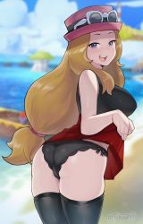 Rule 34 | 1girl, absurdres, artsheops, ass, bare shoulders, beach, black panties, black shirt, black thighhighs, blue eyes, blue sky, blurry, blurry background, blush, breasts, brown hair, clothes lift, cowboy shot, creatures (company), day, from behind, game freak, hat, heart, heart-shaped pupils, highres, large breasts, long hair, looking at viewer, nintendo, ocean, open mouth, outdoors, panties, pokemon, pokemon masters ex, pokemon xy, red hat, red skirt, serena (pokemon), shirt, skirt, skirt lift, sky, sleeveless, smile, solo, standing, sunglasses on head, symbol-shaped pupils, teeth, thighhighs, underwear, upper teeth only