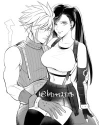 Rule 34 | 1boy, 1girl, arm guards, bare shoulders, black hair, black thighhighs, blush, breasts, cloud strife, collarbone, couple, crop top, detached sleeves, earrings, final fantasy, final fantasy vii, final fantasy vii remake, fingerless gloves, gloves, greyscale, highres, jewelry, large breasts, looking at viewer, midriff, monochrome, mugikoma, navel, sitting, sitting on lap, sitting on person, skirt, sleeveless, sleeveless turtleneck, spiked hair, suspender skirt, suspenders, sweater, tank top, thighhighs, tifa lockhart, turtleneck, turtleneck sweater, twintails, twitter username, white background, zettai ryouiki