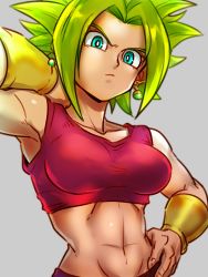 Rule 34 | 1girl, arm up, armpits, blonde hair, bracer, breasts, closed mouth, collarbone, commentary request, dragon ball, dragon ball super, earrings, flat color, fusion, grey background, hand on own hip, jewelry, kefla (dragon ball), kemachiku, looking at viewer, medium breasts, midriff, navel, pants, potara earrings, red pants, red shirt, shirt, solo, spiked hair, stomach, super saiyan, tank top, toned, upper body