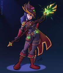 Rule 34 | 1girl, belt buckle, belt pouch, blue hair, bodysuit, boot knife, boots, breasts, buckle, cape, commentary, commission, completionist cape (runescape), dang (runescape), duellist&#039;s cap (tier 6), english commentary, fractured staff of armadyl (runescape), full body, gloves, glowing hat, hat, highres, holding, holding staff, long hair, medium breasts, orange eyes, original, potion, pouch, psicoyote, runescape, signature, simple background, smile, solo, spiked ear piercing, spotlight, staff, standing, toon (style), vial, weapon