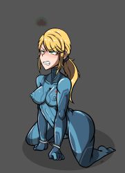 Rule 34 | 1girl, absurdres, angry, blonde hair, blue bodysuit, bodysuit, breasts, clenched teeth, collarbone, covered erect nipples, covered navel, creature, cuffs, full body, green eyes, grey background, hair tie, half-closed eyes, handcuffs, highres, impossible bodysuit, impossible clothes, kneeling, long hair, looking away, medium breasts, metroid, metroid: samus returns, metroid (creature), nintendo, no shoes, perky breasts, ponytail, puffy nipples, ribs, samus aran, shadow, sidelocks, signature, simple background, skin tight, solo focus, swept bangs, teeth, thick thighs, thighs, turtleneck, v-shaped eyebrows, verymediocre, zero suit