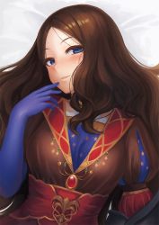 Rule 34 | 1girl, blue eyes, blue gloves, blush, breasts, brown dress, brown hair, dress, elbow gloves, fate/grand order, fate (series), forehead, gloves, highres, large breasts, leonardo da vinci (fate), long hair, looking at viewer, parted bangs, parted lips, puffy short sleeves, puffy sleeves, ranma (kamenrideroz), short sleeves, smile, solo