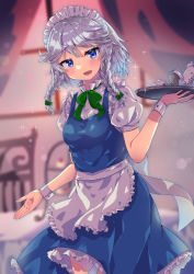 Rule 34 | 1girl, :d, absurdres, apron, blue eyes, blurry, blurry background, bow, bowtie, braid, chair, curtains, green bow, green bowtie, grey hair, highres, holding, holding tray, indoors, izayoi sakuya, konnoinari, looking at viewer, maid, maid headdress, open mouth, short sleeves, side braids, smile, solo, standing, teapot, touhou, tray, twin braids, waist apron, white apron
