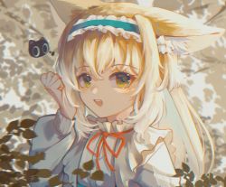 Rule 34 | 1girl, alice (openhexagon), animal ear fluff, animal ears, arknights, blonde hair, blue hairband, blush, detached sleeves, flower, fox ears, frilled hairband, frills, green eyes, hair down, hairband, hand up, highres, long hair, long sleeves, luo xiaohei, multicolored hair, neck ribbon, official alternate costume, open mouth, red ribbon, ribbon, shirt, solo, streaked hair, suzuran (arknights), suzuran (spring praise) (arknights), teeth, luo xiaohei zhanji, upper body, upper teeth only, white flower, white hair, white shirt