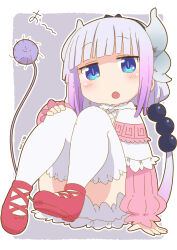 Rule 34 | 1girl, arm support, beads, blue eyes, blush, commentary, dated, dragon horns, dragon tail, full body, hair beads, hair ornament, highres, horns, kanna kamui, knees up, kobayashi-san chi no maidragon, long hair, long sleeves, looking at viewer, low twintails, open mouth, purple hair, red footwear, samansa ex, sitting, slit pupils, solo, tail, thighhighs, twintails, white thighhighs