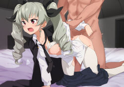 Rule 34 | 1boy, 1girl, anchovy (girls und panzer), anzio school uniform, arm grab, arm support, black cape, black necktie, black ribbon, blood, breasts, cape, clothed female nude male, commentary request, defloration, doggystyle, girls und panzer, green hair, hair ribbon, hetero, highres, kneeling, long hair, morisobo, motion lines, necktie, nipples, nude, open mouth, pantyhose, red eyes, ribbon, saliva, school uniform, sex, sex from behind, shirt, small breasts, white pantyhose, white shirt