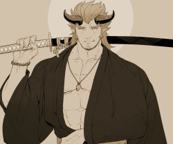 Rule 34 | 1boy, abs, aged down, alternate costume, bad id, bad twitter id, bara, bead bracelet, beads, bracelet, demon boy, demon horns, facial hair, fang, fiery horns, forked eyebrows, full moon, hair slicked back, hinokumo f, horns, japanese clothes, jewelry, katana, kimono, large pectorals, long sideburns, looking at viewer, male focus, medium hair, monochrome, moon, muscular, muscular male, navel, necklace, open clothes, open kimono, over shoulder, pectorals, sideburns, solo, stubble, sword, sword over shoulder, takemaru (housamo), thick eyebrows, tokyo houkago summoners, upper body, weapon, weapon over shoulder