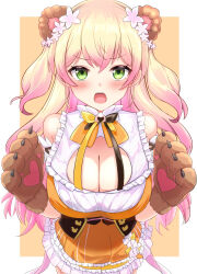 Rule 34 | 1girl, :o, absurdres, animal ears, animal hands, animal print, bare shoulders, bear ears, bear print, black ribbon, blonde hair, blush, bow, breasts, brown gloves, claws, cleavage, cleavage cutout, clothing cutout, cowboy shot, detached sleeves, dress, eyelashes, flower, frilled dress, frills, gloves, gradient hair, green eyes, hair between eyes, hair flower, hair ornament, hands up, heckler kai, highres, hololive, large breasts, layered dress, long hair, looking at viewer, momosuzu nene, momosuzu nene (1st costume), multicolored clothes, multicolored dress, multicolored hair, open mouth, orange background, orange bow, orange dress, paw gloves, pink hair, ribbon, simple background, sleeveless, sleeveless dress, solo, straight-on, teeth, tongue, upper teeth only, v-shaped eyebrows, virtual youtuber, wavy hair, yellow ribbon
