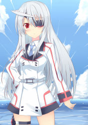 Rule 34 | 10s, 1girl, bad id, bad pixiv id, blush, cloud, day, eyepatch, female focus, frown, hand on own hip, highres, hip focus, infinite stratos, laura bodewig, long hair, nakatama kyou, necktie, ocean, outdoors, red eyes, school uniform, silver hair, sky, solo, thigh strap, water