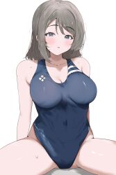 1girl absurdres blue_eyes blush breasts brown_hair cleavage competition_swimsuit highres large_breasts love_live! love_live!_sunshine!! one-piece_swimsuit open_mouth school_swimsuit short_hair simple_background sitting smile solo spread_legs sunya_(honorin-yuunibo) swimsuit thighs watanabe_you wavy_hair wet wet_clothes wet_hair white_background