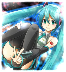 Rule 34 | 1girl, aqua hair, bad id, bad pixiv id, detached sleeves, female focus, green eyes, hatsune miku, headset, highres, long hair, necktie, skirt, smile, solo, thighhighs, thighs, twintails, tyone, v, very long hair, vocaloid