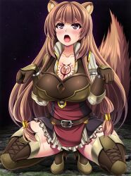 Rule 34 | 1girl, animal ear fluff, animal ears, belt, blush, boots, breast tattoo, breasts, brown belt, brown eyes, brown footwear, brown gloves, brown hair, chest tattoo, cleavage, female focus, full body, gloves, highres, imminent rape, knee boots, large breasts, long hair, militia minpei, open mouth, paw pose, raccoon ears, raccoon girl, raccoon tail, raphtalia, slave tattoo, solo, spread legs, squatting, tail, tate no yuusha no nariagari, tattoo, teeth, tiptoes, tongue, upper teeth only