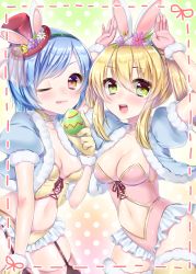 Rule 34 | 2girls, arms up, blonde hair, blue hair, blush, breasts, brown eyes, cleavage, closed mouth, clothing cutout, easter, garter straps, green eyes, haruse meio, large breasts, looking at viewer, medium hair, multiple girls, navel, navel cutout, one eye closed, open mouth, original, pink legwear, short hair, smile, thighhighs, tongue, tongue out