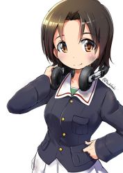 Rule 34 | 1girl, blue jacket, brown eyes, brown hair, buchikaki, closed mouth, dirty, dirty clothes, dirty face, girls und panzer, green shirt, hand on headphones, hand on own hip, headphones, headphones around neck, jacket, long sleeves, looking at viewer, military, military uniform, miniskirt, ooarai military uniform, parted bangs, pleated skirt, sawa azusa, shirt, short hair, simple background, skirt, smile, solo, standing, throat microphone, twitter username, uniform, white background, white skirt