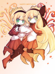 Rule 34 | 1boy, 1girl, blonde hair, blush stickers, boots, brown capelet, brown footwear, brown hairband, brown pantyhose, brown ribbon, brown skirt, capelet, closed mouth, colored skin, commentary request, english text, footwear ribbon, green eyes, hair ribbon, hairband, happy birthday, hatosabure, highres, lobotomy corporation, long hair, long sleeves, matching outfits, neck ribbon, no nose, pantyhose, project moon, ribbon, shirt, skirt, smile, tiphereth a (project moon), tiphereth b (project moon), very long hair, white shirt, white skin