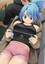Rule 34 | 1boy, 1girl, :o, alternate costume, aqua (konosuba), black camisole, blue eyes, blue hair, blush, brand name imitation, breasts, brown jacket, camisole, contemporary, controller, couch, dolphin shorts, game controller, groin, hair bun, highres, holding, holding controller, holding game controller, indoors, izawa (bhive003), jacket, kono subarashii sekai ni shukufuku wo!, large breasts, lying, midriff, on back, on couch, open clothes, open jacket, pink shorts, playing games, shorts, single hair bun, solo focus, wooden floor