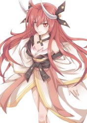 Rule 34 | 10s, 1girl, bare shoulders, date a live, headgear, horns, itsuka kotori, japanese clothes, kimono, long hair, necota, obi, red eyes, red hair, sash, simple background, smirk, solo, very long hair, white background, wide sleeves
