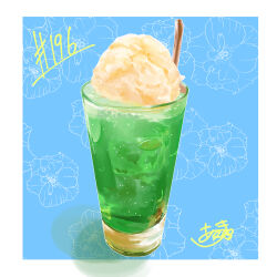 Rule 34 | absurdres, cup, drinking glass, food, food focus, highres, ice cream, ice cream float, melon soda, no humans, original, spoon, takisou sou