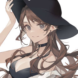 Rule 34 | 1girl, black dress, black hat, blush, breasts, brown hair, choker, cleavage, commentary, commission, dress, earrings, grey eyes, hat, jewelry, long hair, looking at viewer, luozhou pile, medium breasts, original, pixiv commission, portrait, revision, simple background, smile, solo, white background